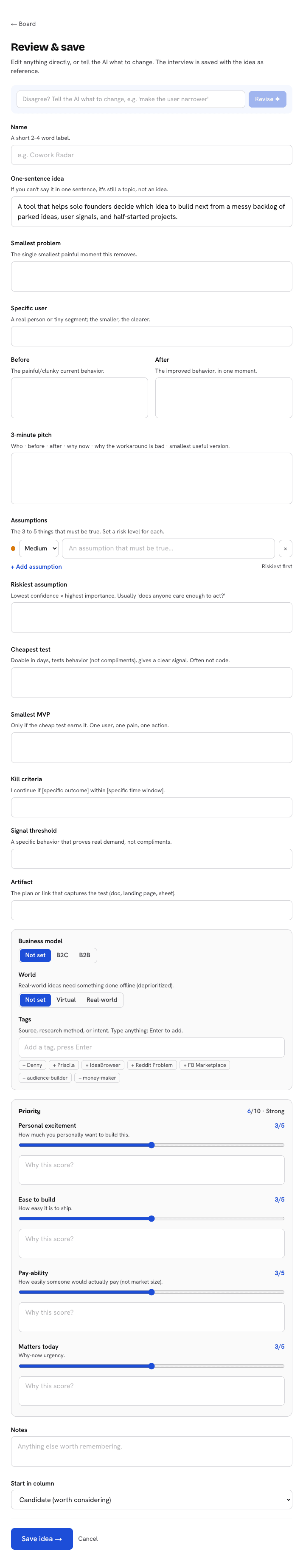 Whittle review and save screen with AIMH fields, revise bar, tags, and priority scores.